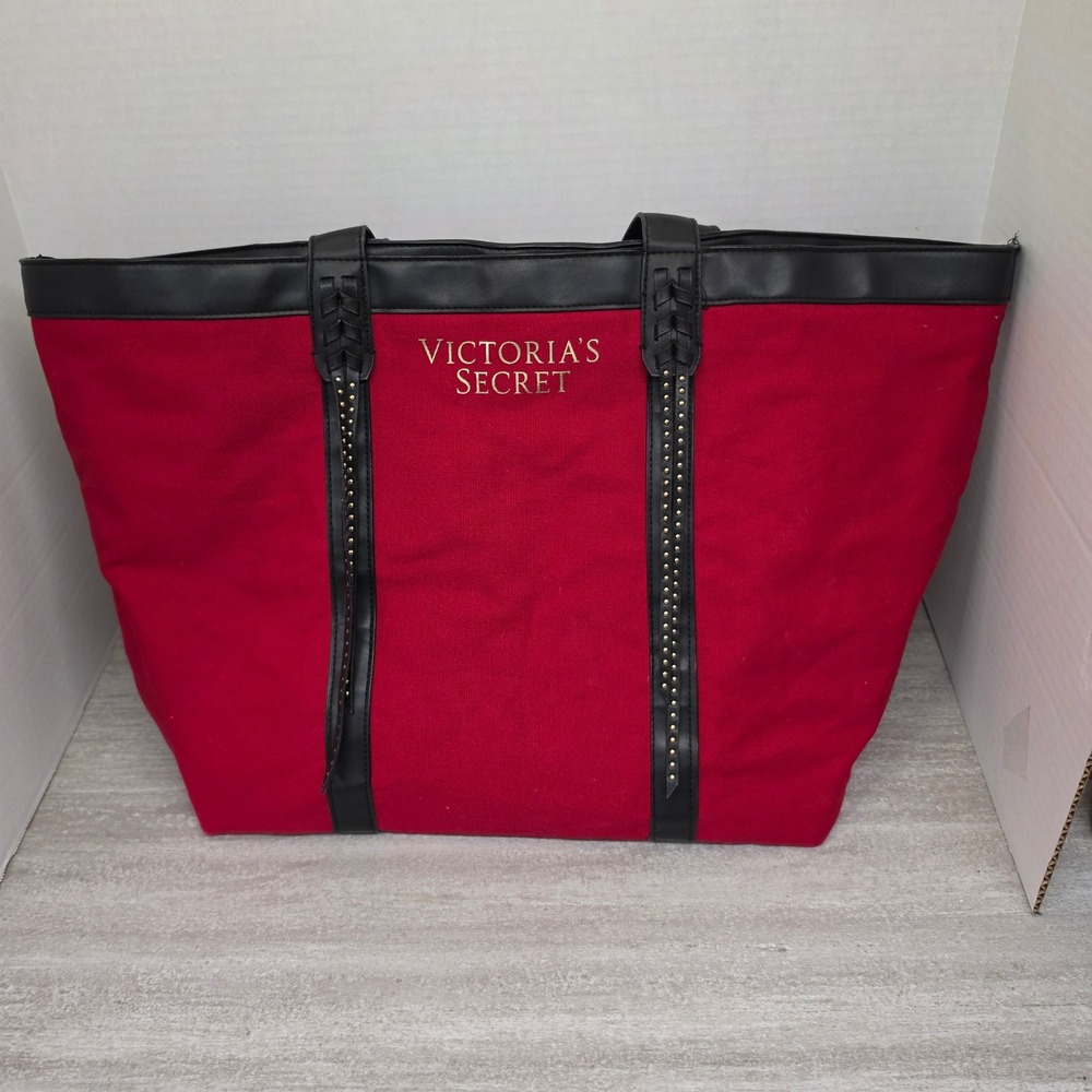 Victoria's Secret Red Canvas‎ Studded Tote Bag Black Faux Leather Trim Large